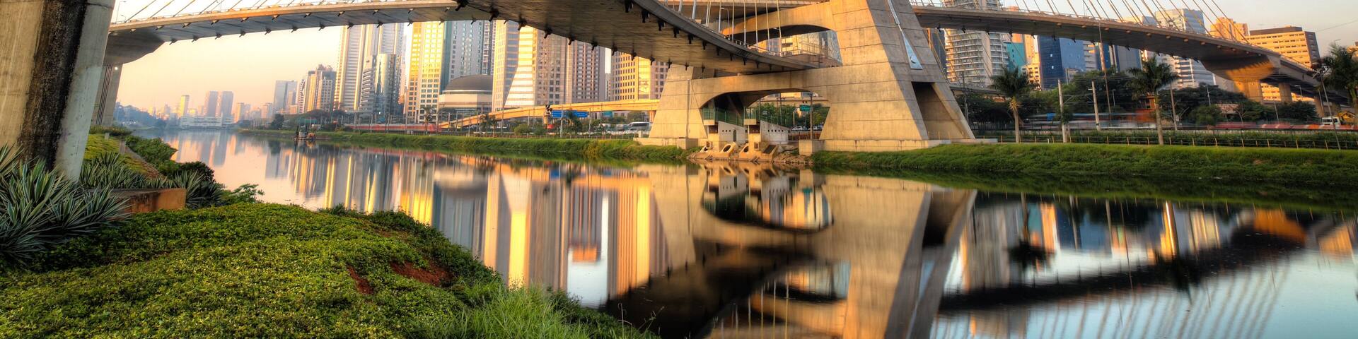 A cable-stayed bridge with a cityscape in the background.