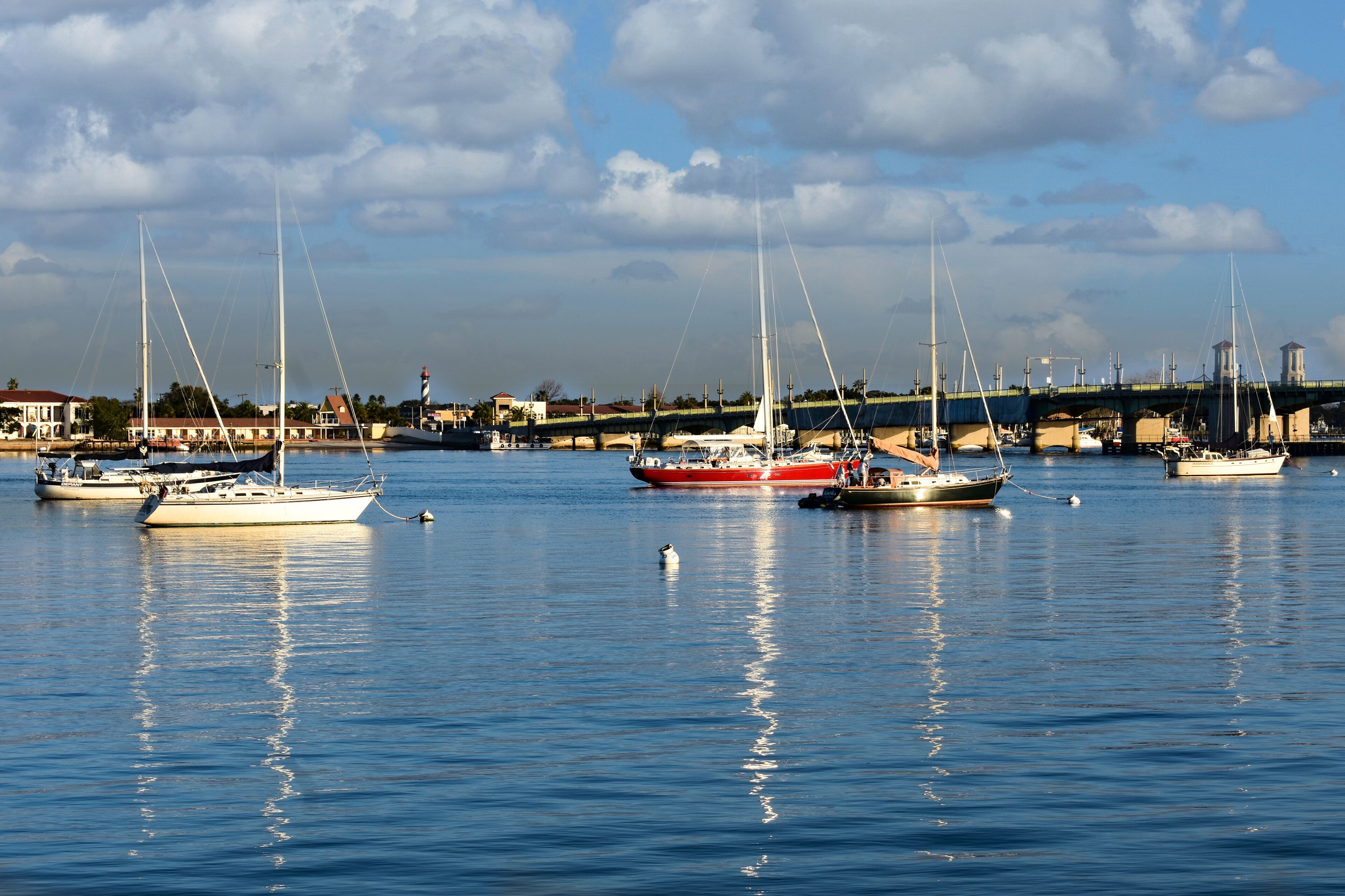 St. Augustine, Florida. January 26 , 2019. Sailboat and Bridge of Lions in Florida's Historic Coast