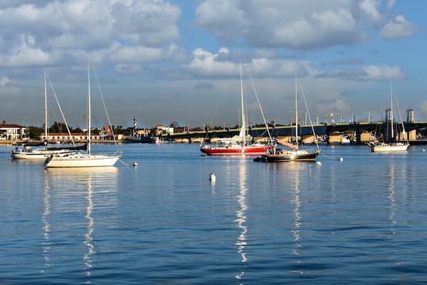 St. Augustine, Florida. January 26 , 2019. Sailboat and Bridge of Lions in Florida's Historic Coast