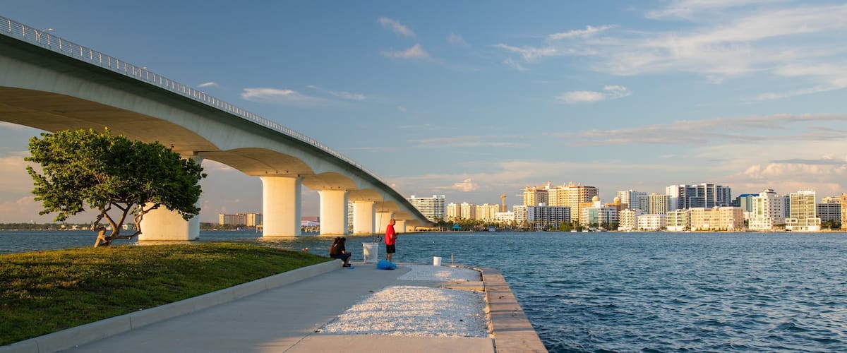 Causeway Park showing a bridge, a sunset and a city