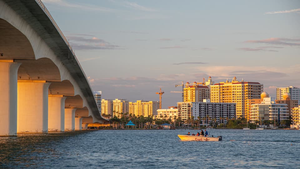 Un puente sobre el agua con el horizonte de una ciudad al fondo.