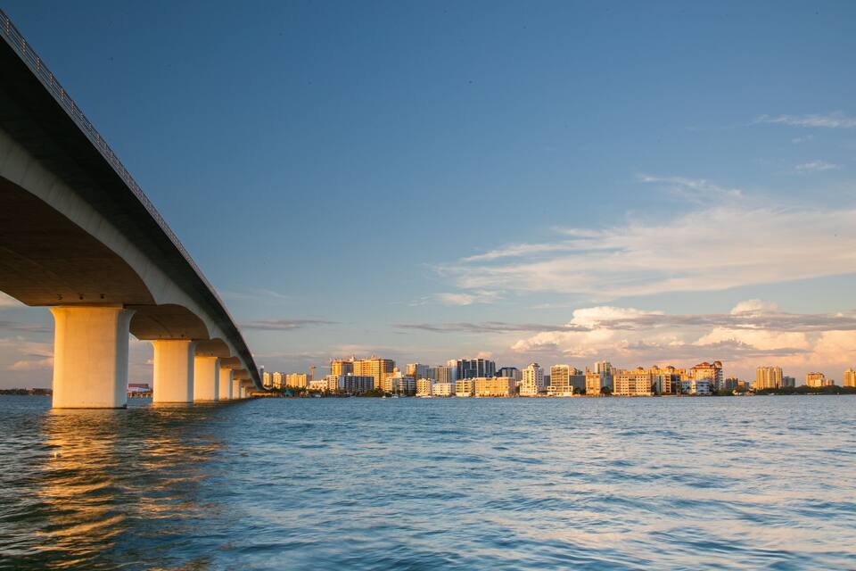 A bridge over water with a city skyline in the background.