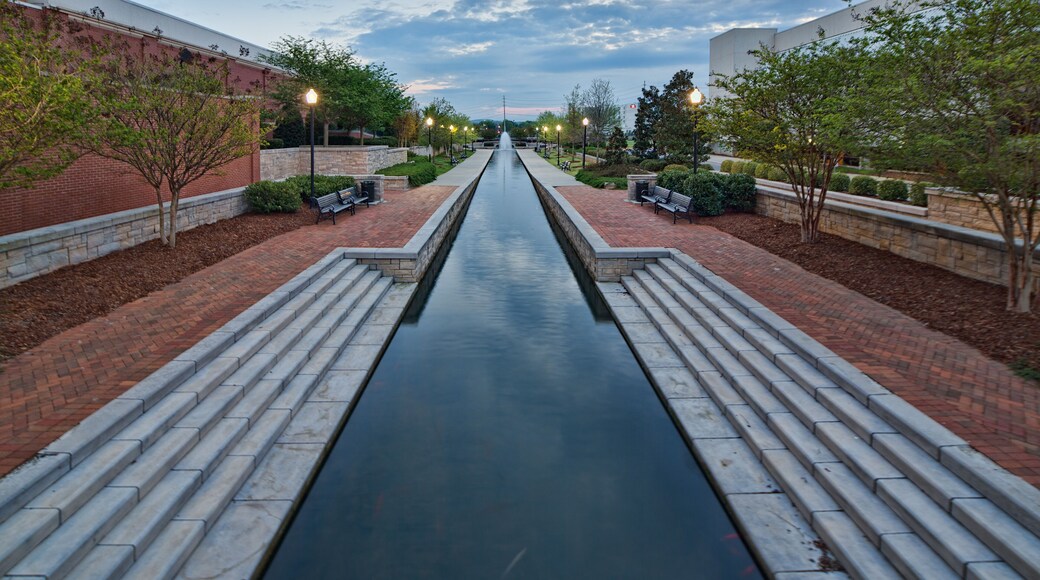 Evening time at a canal ending with a fountain, in Big Spring Park, Huntsville, Alabama