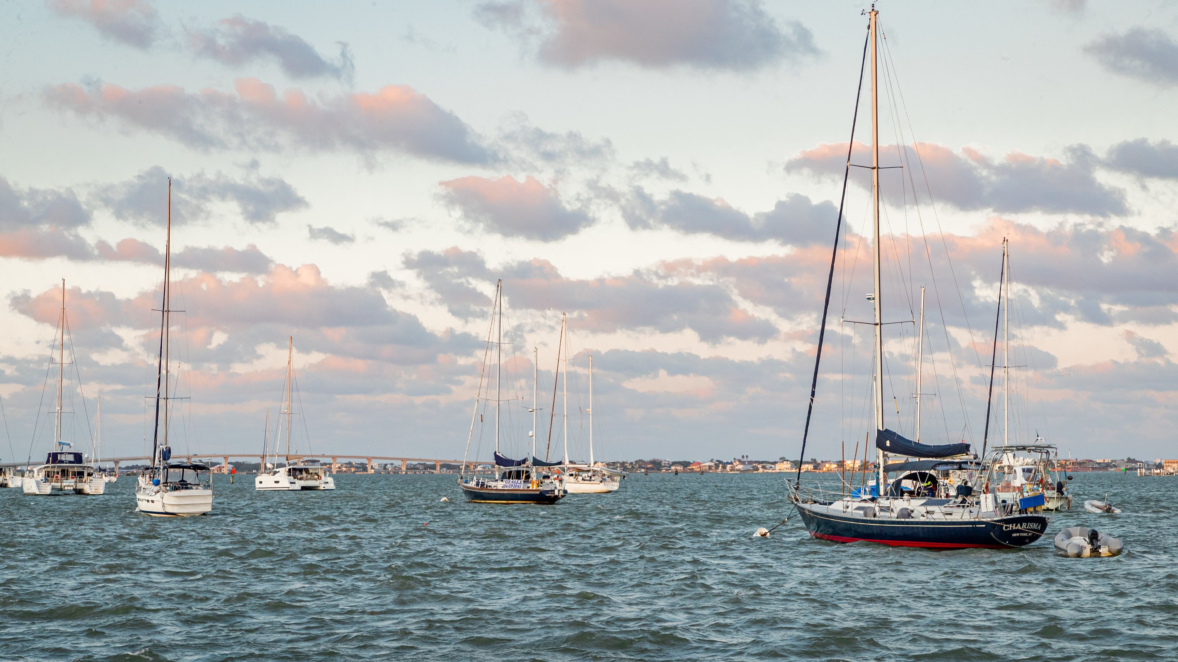 Several sailboats on a body of water with a bridge in the background.