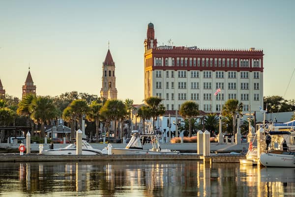 St. Augustine Municipal Marina featuring a sunset and a bay or harbor