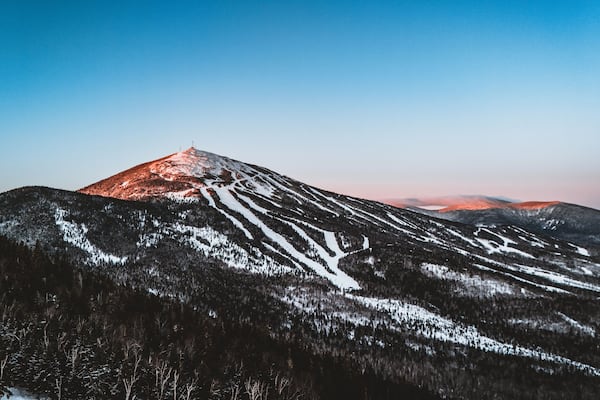 Aerial winter view of Sugarloaf Mountain, Maine at sunrise