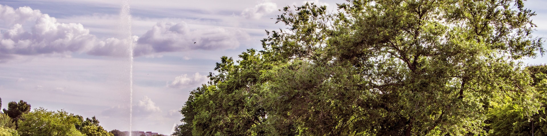 Parque Enrique Tierno Galván.
paisaje con arboles, laguna y chorro vertical sobre fondo con nubes en el parque de Enrique Tierno Galván en Madrid. España.