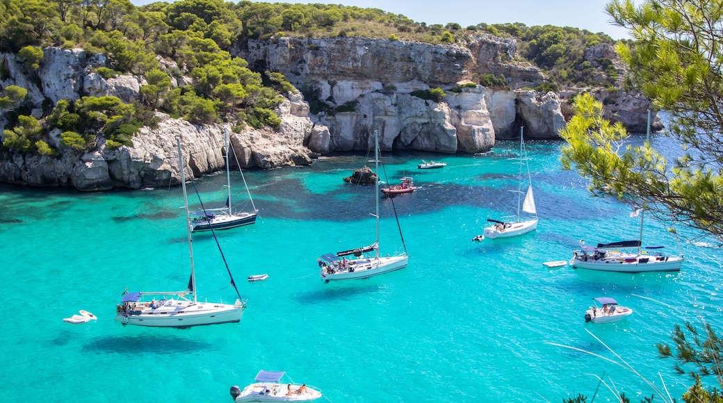 Boats and yachts on Macarella beach, Menorca, Spain