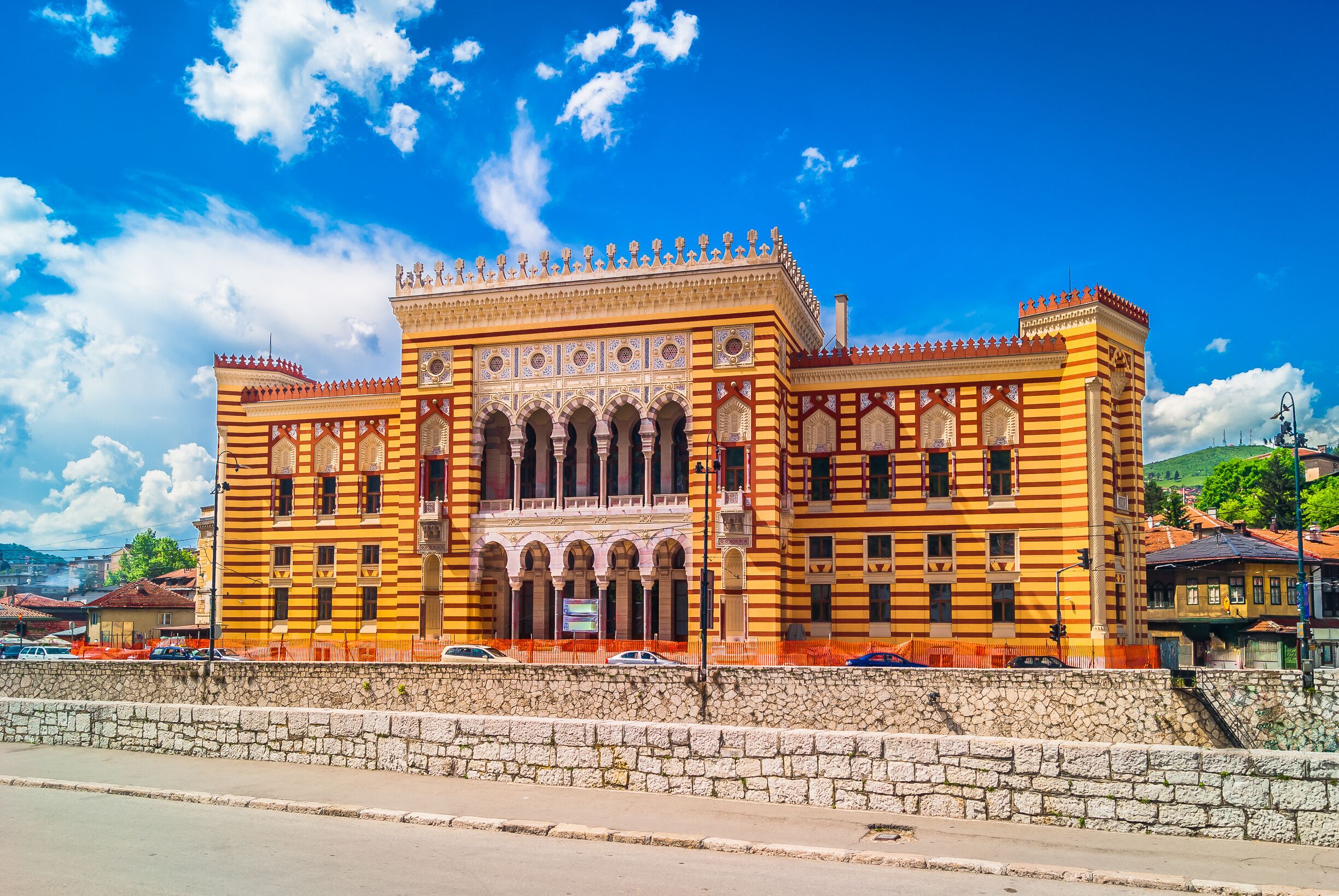 Sarajevo City Hall landmark. / View at city hall in old town center of Sarajevo, landmark in capital of Bosnia and Herzegovina, Europe. /