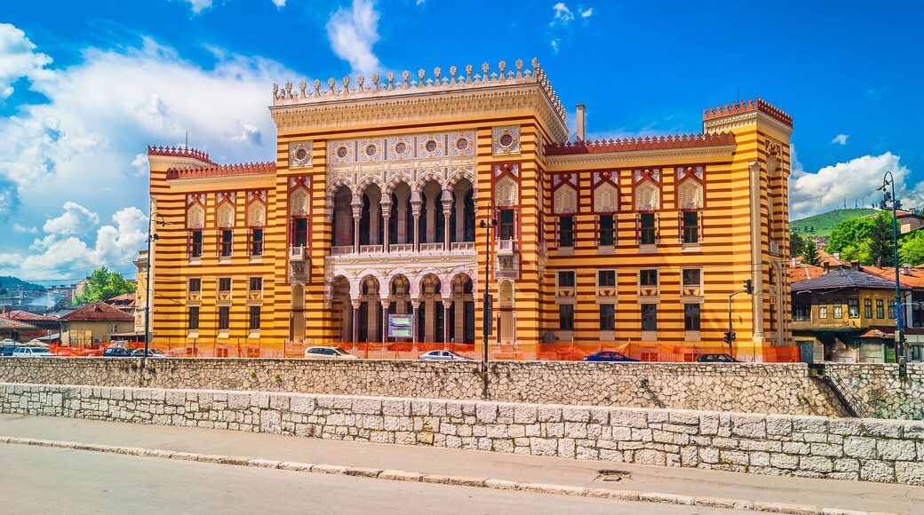 Sarajevo City Hall landmark. / View at city hall in old town center of Sarajevo, landmark in capital of Bosnia and Herzegovina, Europe. /