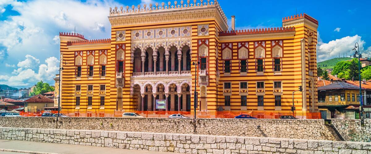 Sarajevo City Hall landmark. / View at city hall in old town center of Sarajevo, landmark in capital of Bosnia and Herzegovina, Europe. /