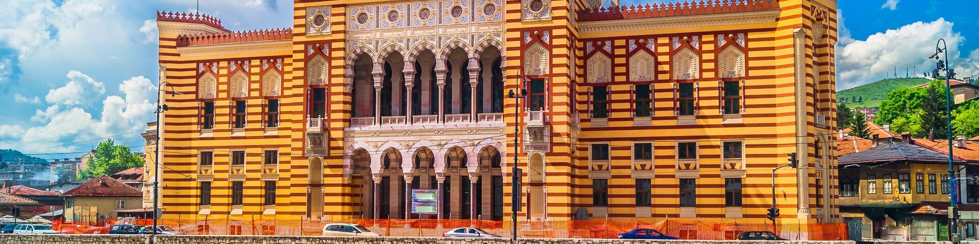 Sarajevo City Hall landmark. / View at city hall in old town center of Sarajevo, landmark in capital of Bosnia and Herzegovina, Europe. /