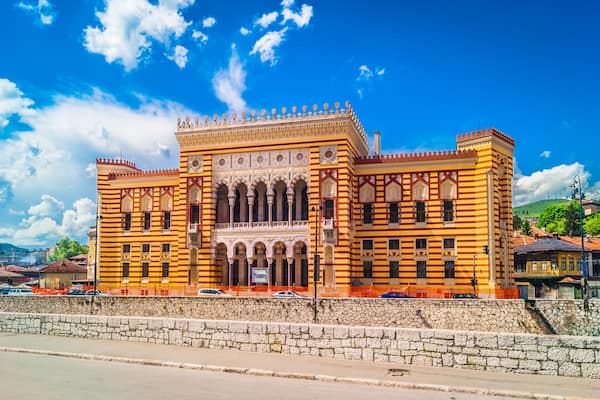 Sarajevo City Hall landmark. / View at city hall in old town center of Sarajevo, landmark in capital of Bosnia and Herzegovina, Europe. /