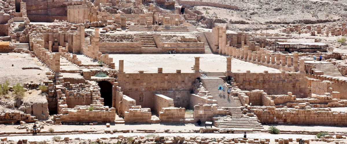 Great Temple at Petra is a grand monumental complex that lies south of the Colonnaded Street at Petra. Completed in the early first century CE, under the rule of Nabataean king Aretas IV.