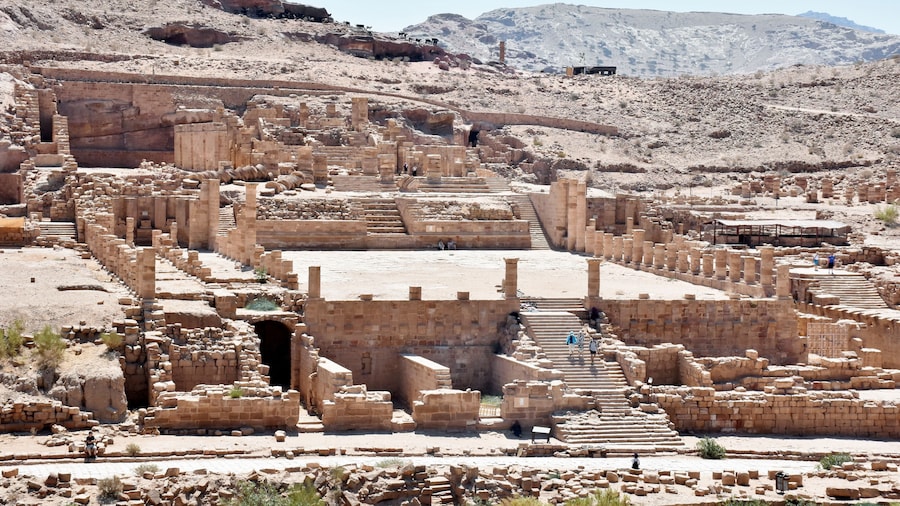 Great Temple at Petra is a grand monumental complex that lies south of the Colonnaded Street at Petra. Completed in the early first century CE, under the rule of Nabataean king Aretas IV.