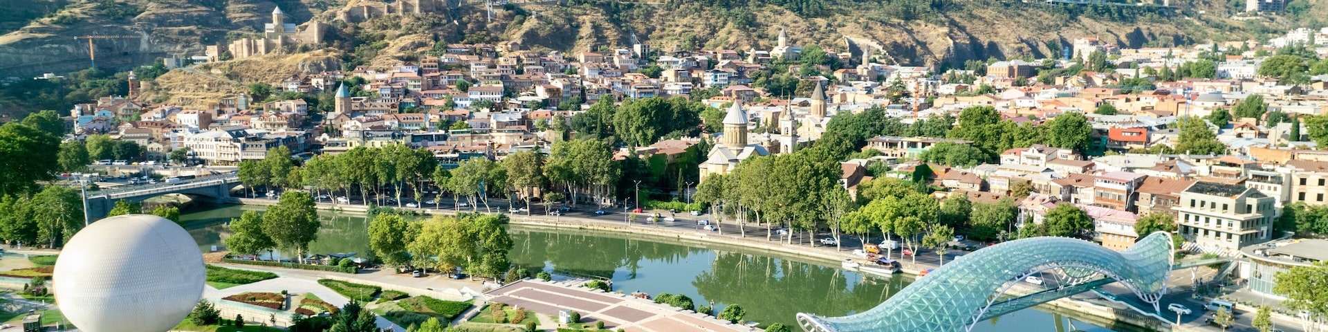 Aerial view of the old city, Tbilisi, Georgia. The capital of Georgia. Tbilisi on a sunny summer day. Old Tbilisi