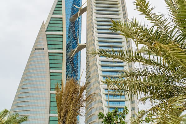 Bahrain World Trade Center which includes modern architecture and a skyscraper