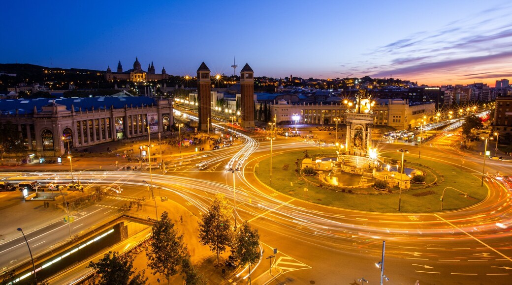 Arenas de Barcelona showing night scenes, a monument and a city