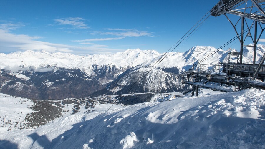 At the top of the Saulire Express ski lift above Meribel and Courchevel in the French Alps in winter