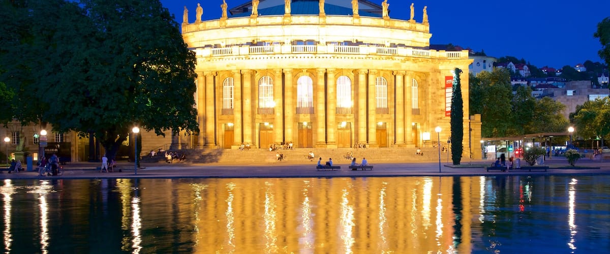 Staatstheater showing heritage elements, night scenes and a lake or waterhole