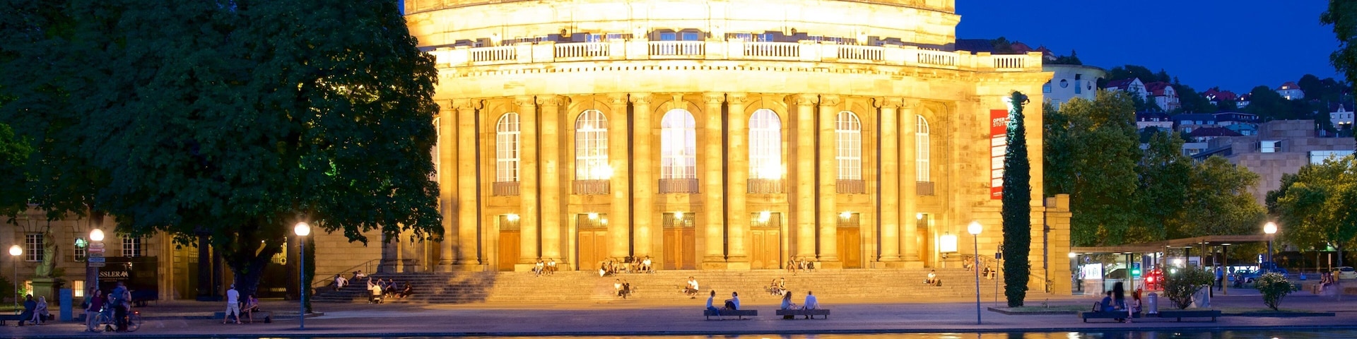 Staatstheater which includes night scenes, heritage elements and a lake or waterhole