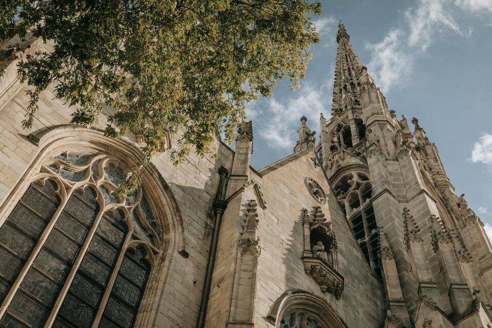 A Gothic cathedral with intricate stonework and pointed arches.
