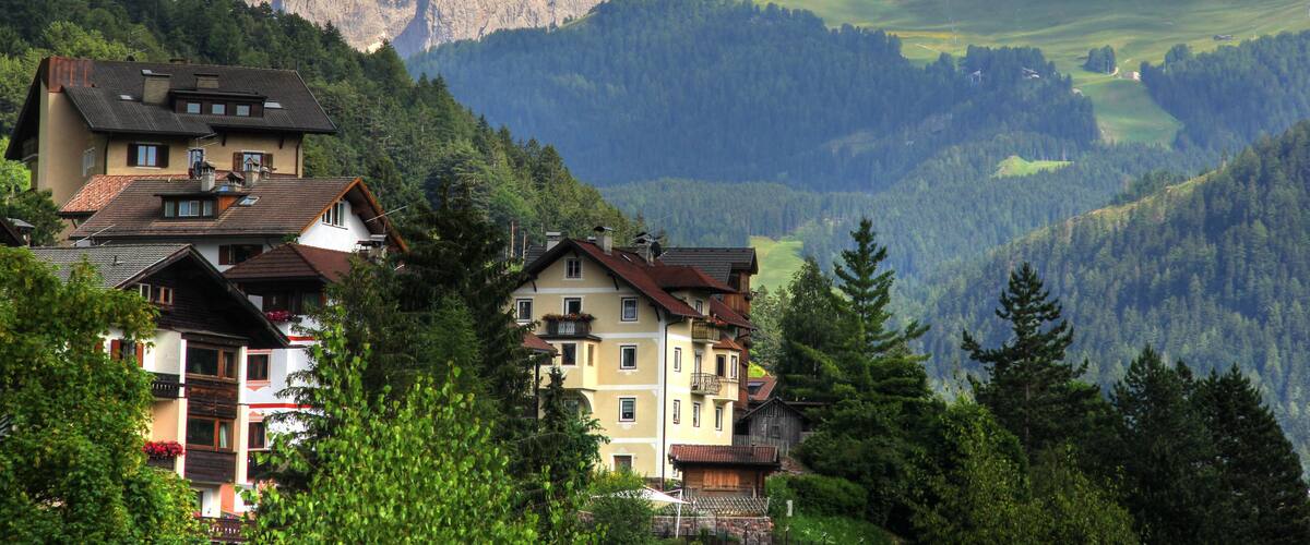 Sella group mountain viewed from St. Ulrich, Dolomiten Alps, Italy