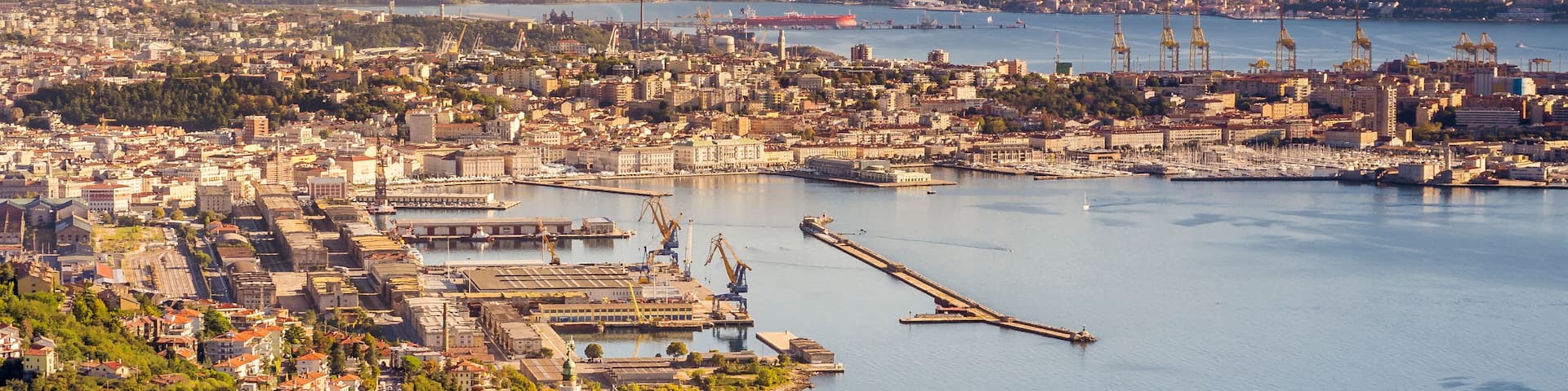 A coastal cityscape with a prominent bridge, industrial port, and residential areas.