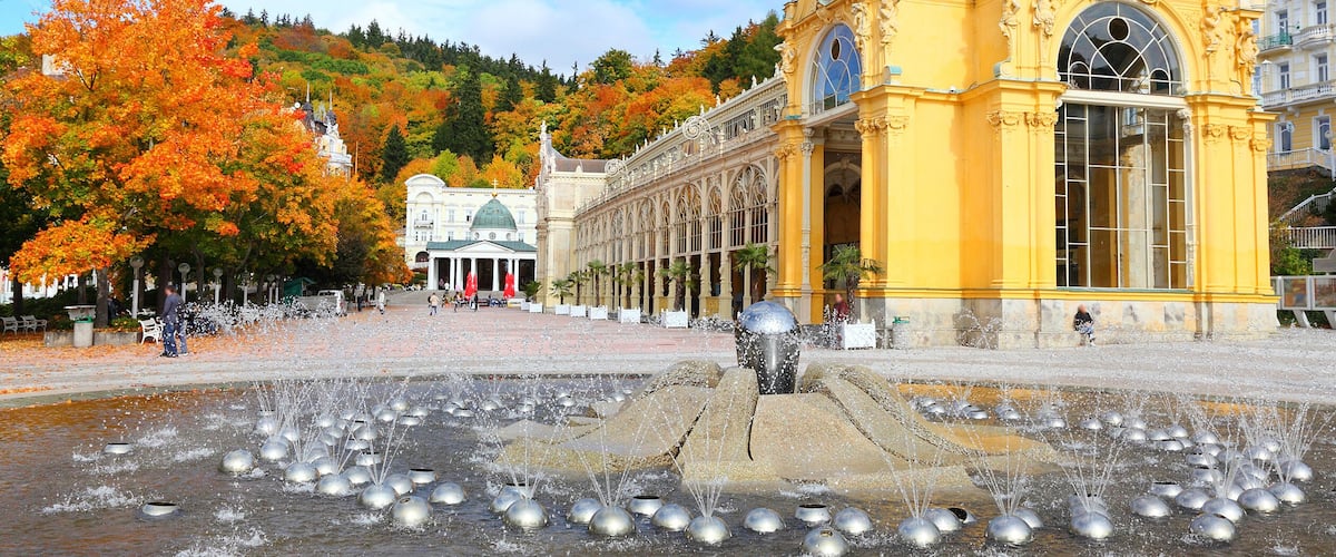 Marianske Lazne Spa, The Singing Fountain. The most famous fountain contains 10  intrinsic water jet systems with more than 250 water jets.; Shutterstock ID 115322767