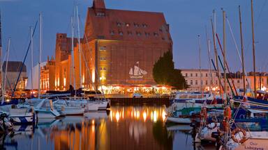 Stralsund Harbour featuring a city, a bay or harbor and night scenes