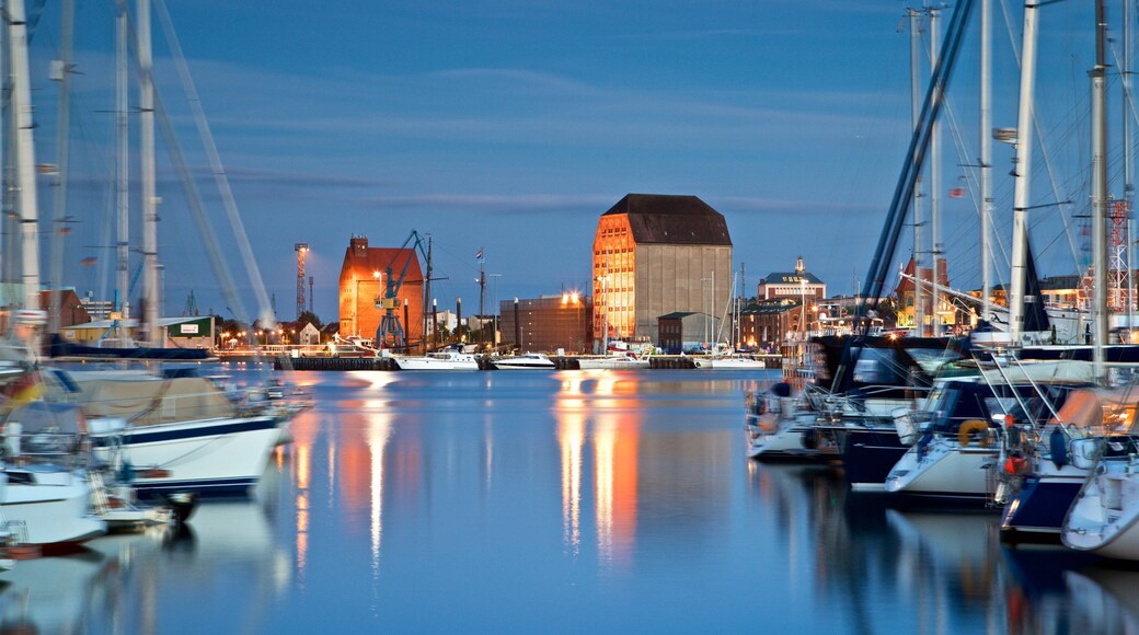 Stralsund Harbour which includes night scenes and a bay or harbour