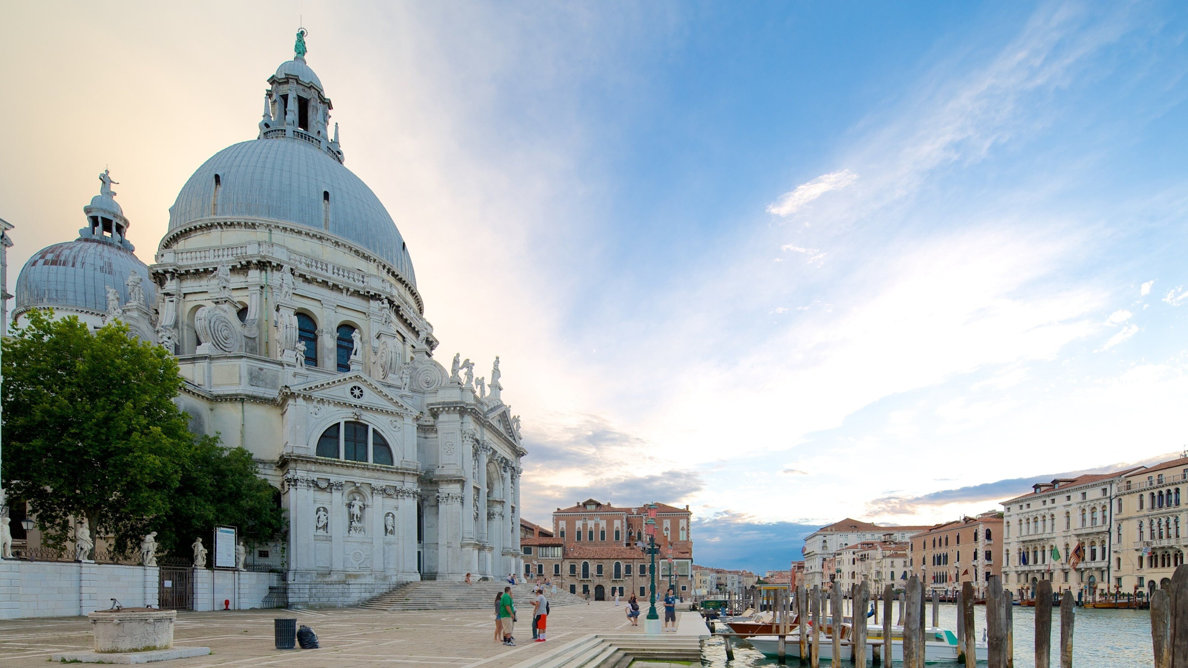 The Basilica di Santa Maria della Salute in Venice, Italy, with its large dome and ornate facade.