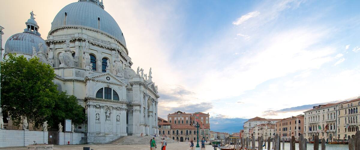 The Basilica di Santa Maria della Salute in Venice, Italy, with its large dome and ornate facade.