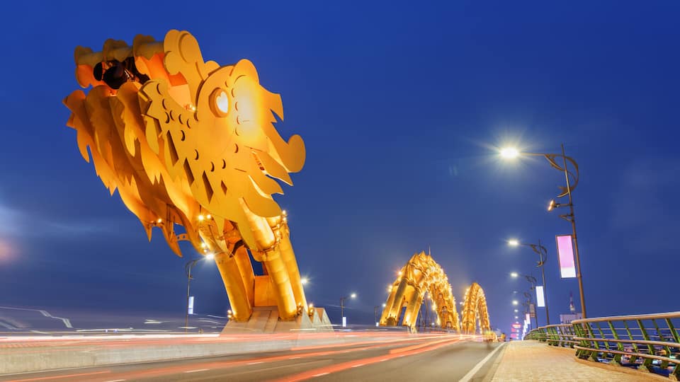 Beautiful evening view of the Dragon Bridge in Danang, Vietnam