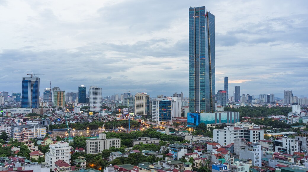 Aerial view of Hanoi cityscape at Lieu Giai street - Dao Tan street - Kim Ma street, Ba Dinh district. Hanoi skyline at twilight
