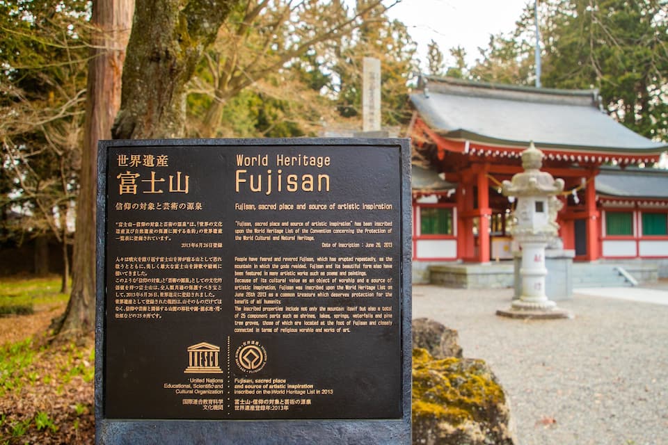 A signboard with information about Fujisan, a sacred place and source of artistic inspiration, in front of a traditional Japanese temple.