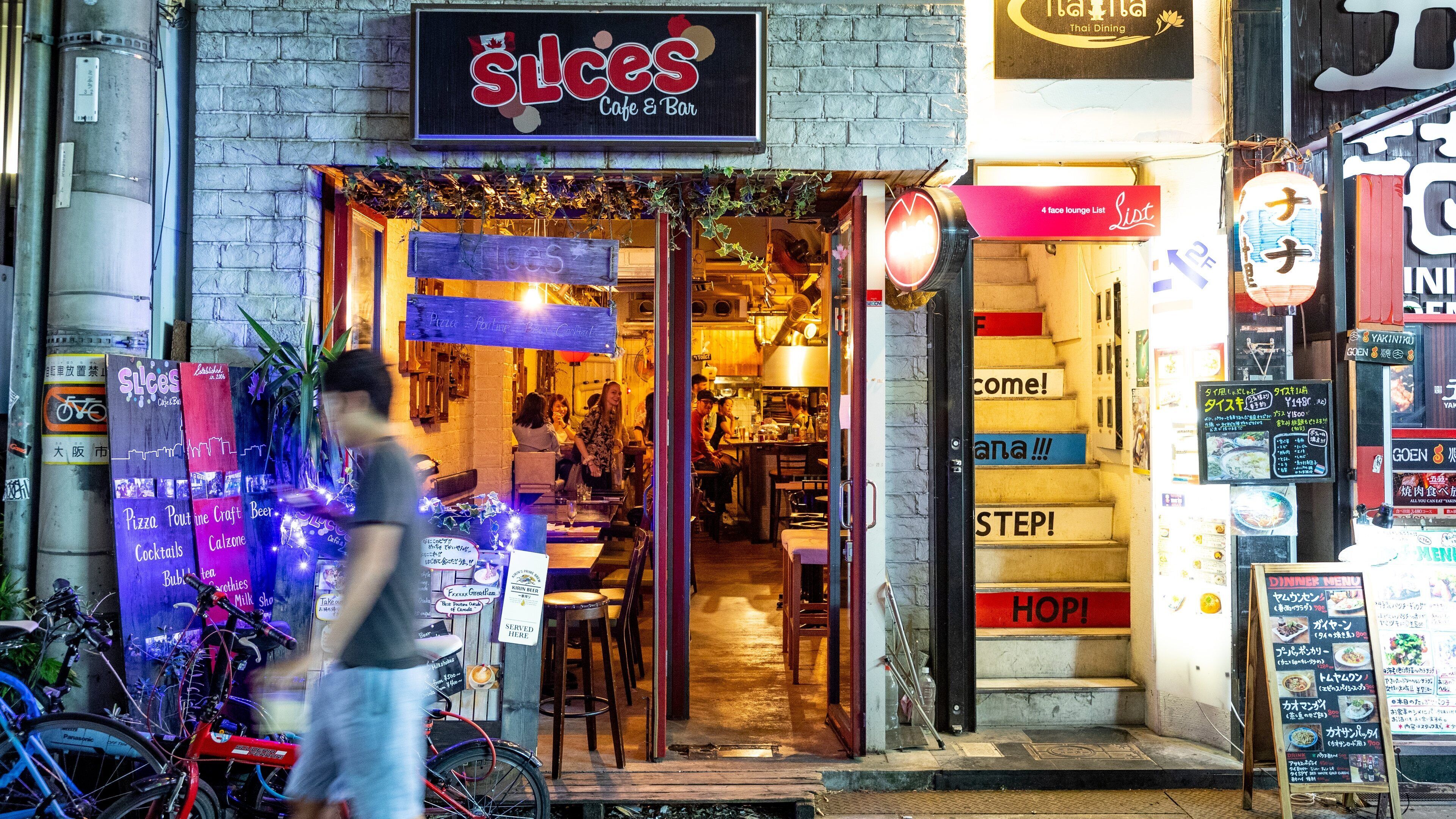 America Village showing signage and night scenes