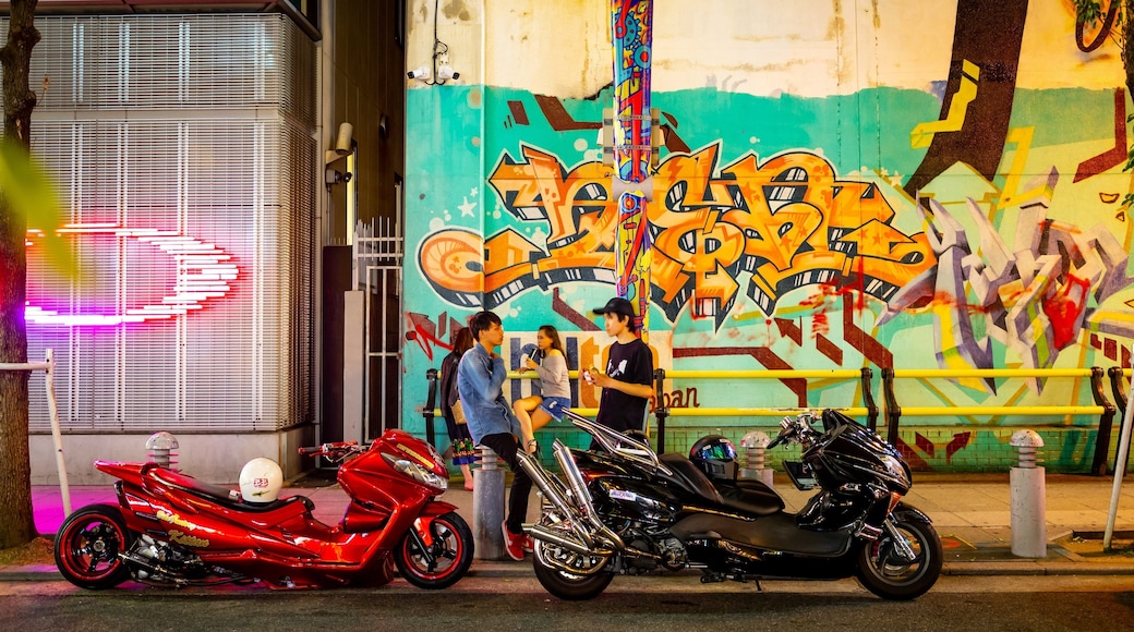 America Village showing outdoor art and street scenes as well as a couple