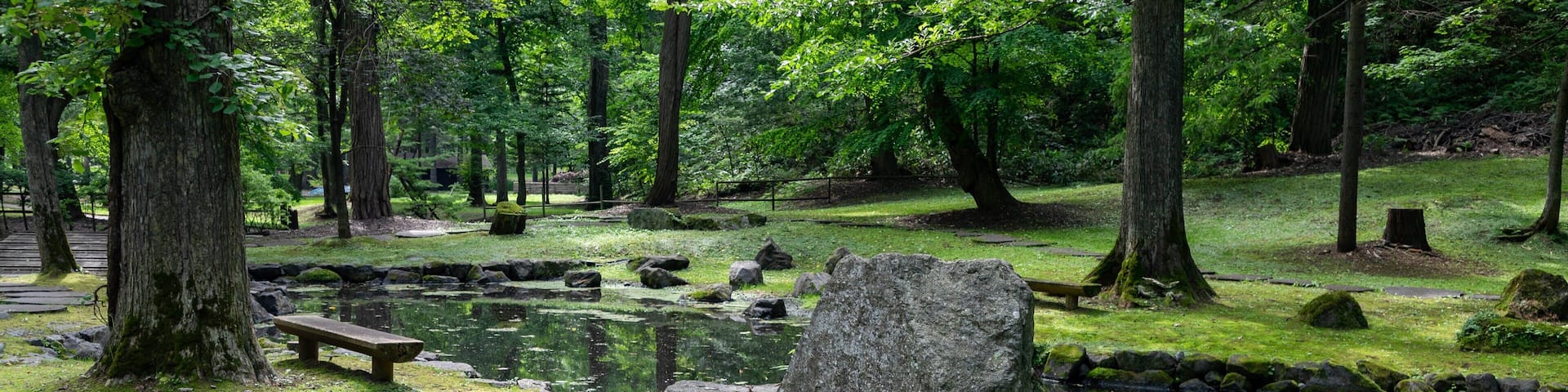 A serene park with a pond, moss-covered rocks, and a wooden bench.