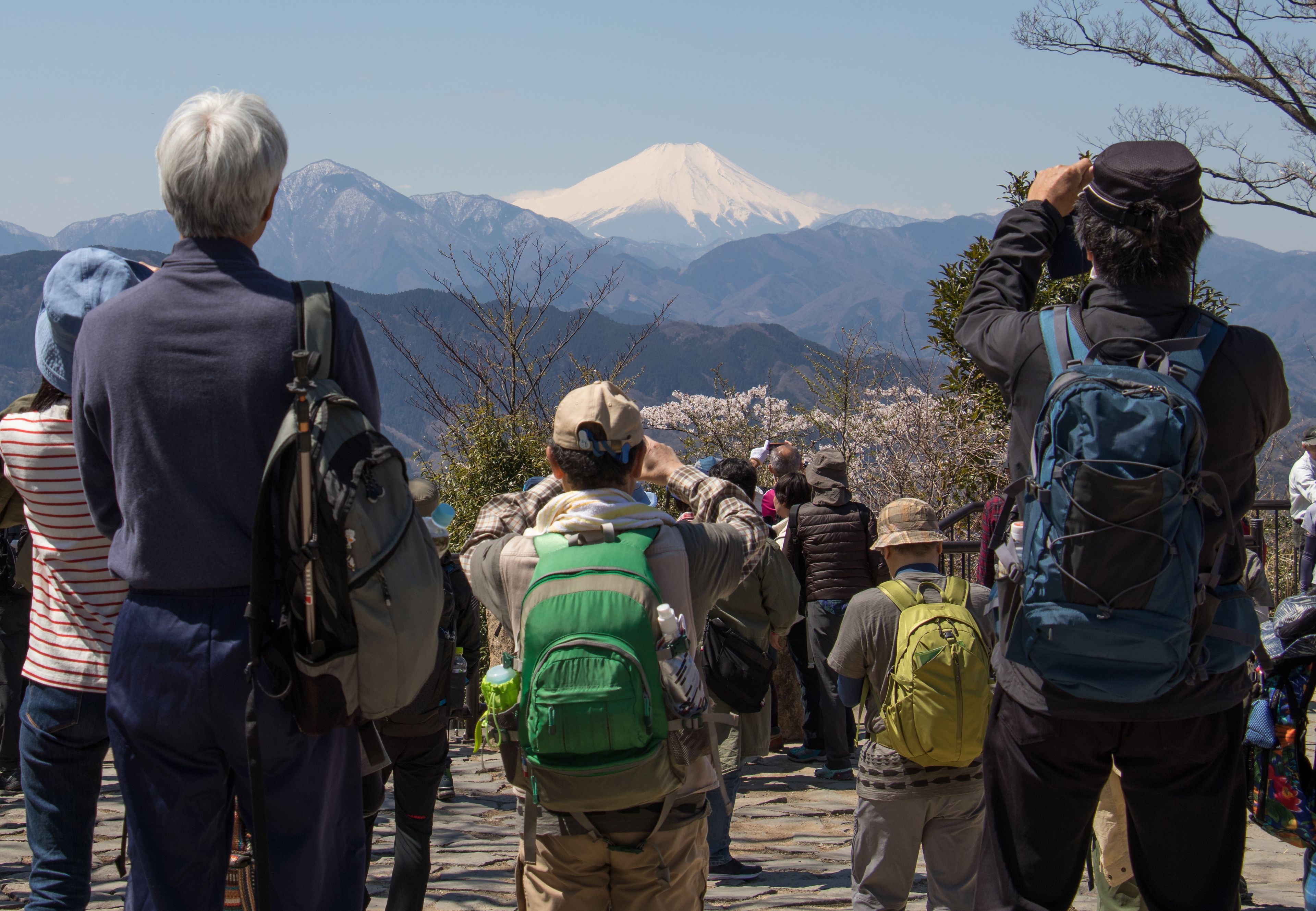 Un grupo de excursionistas en un sendero de montaña, con un pico nevado al fondo.