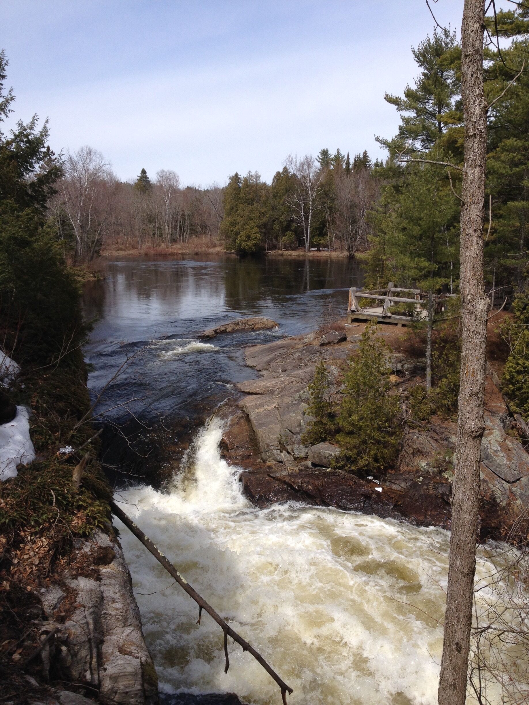 A river with a waterfall, surrounded by trees and a wooden bridge.