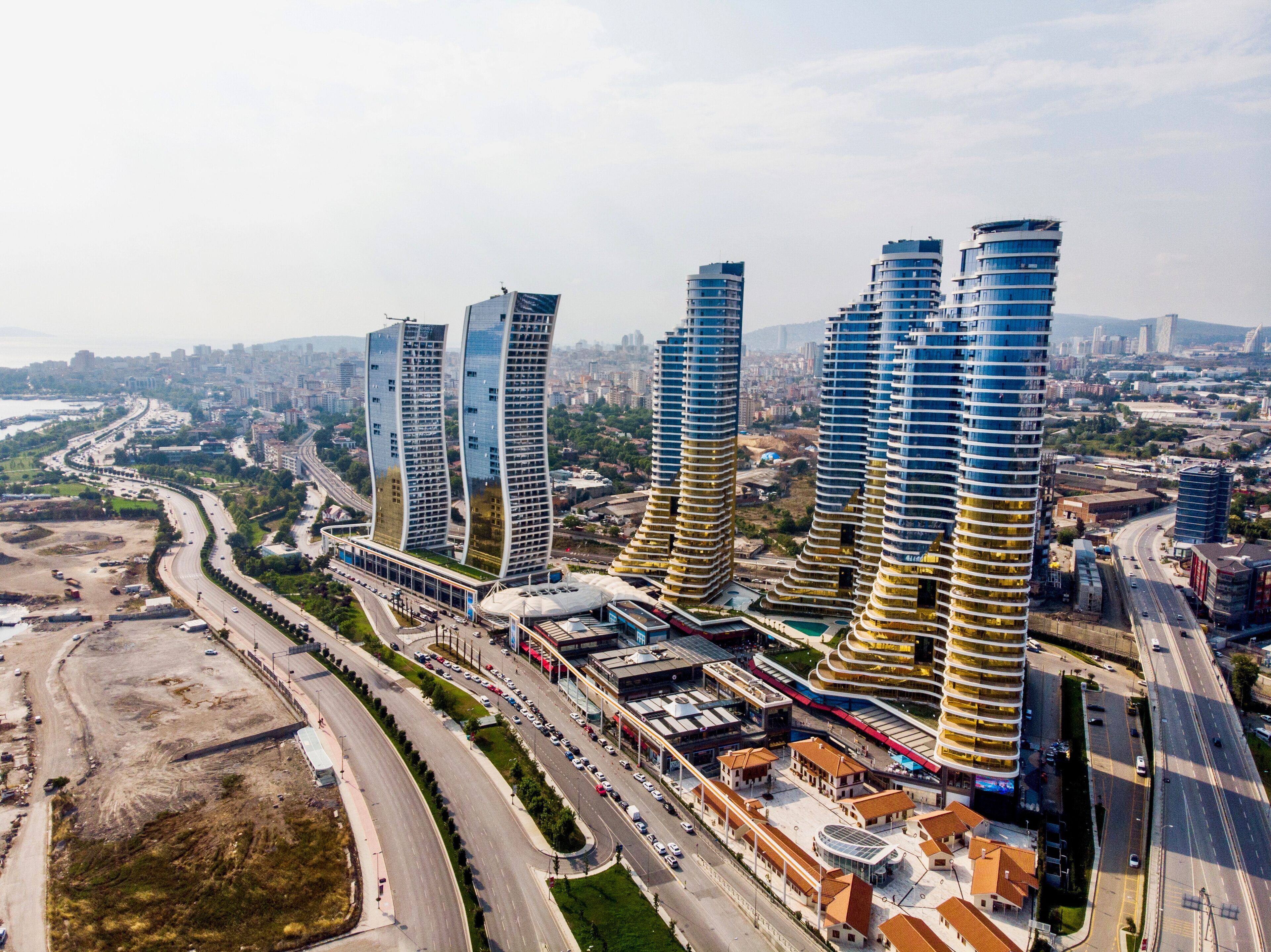 Istanbul, Turkey - February 23, 2018: Aerial Drone View of IstMarina Skyscrapers Avm Shopping Mall in Istanbul Kartal