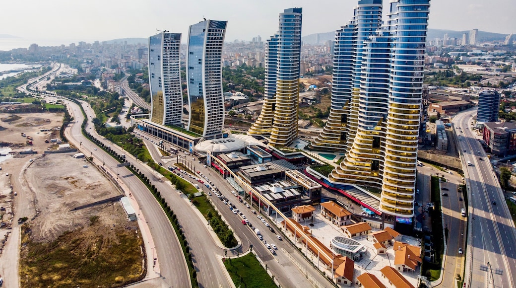 Istanbul, Turkey - February 23, 2018: Aerial Drone View of IstMarina Skyscrapers Avm Shopping Mall in Istanbul Kartal
