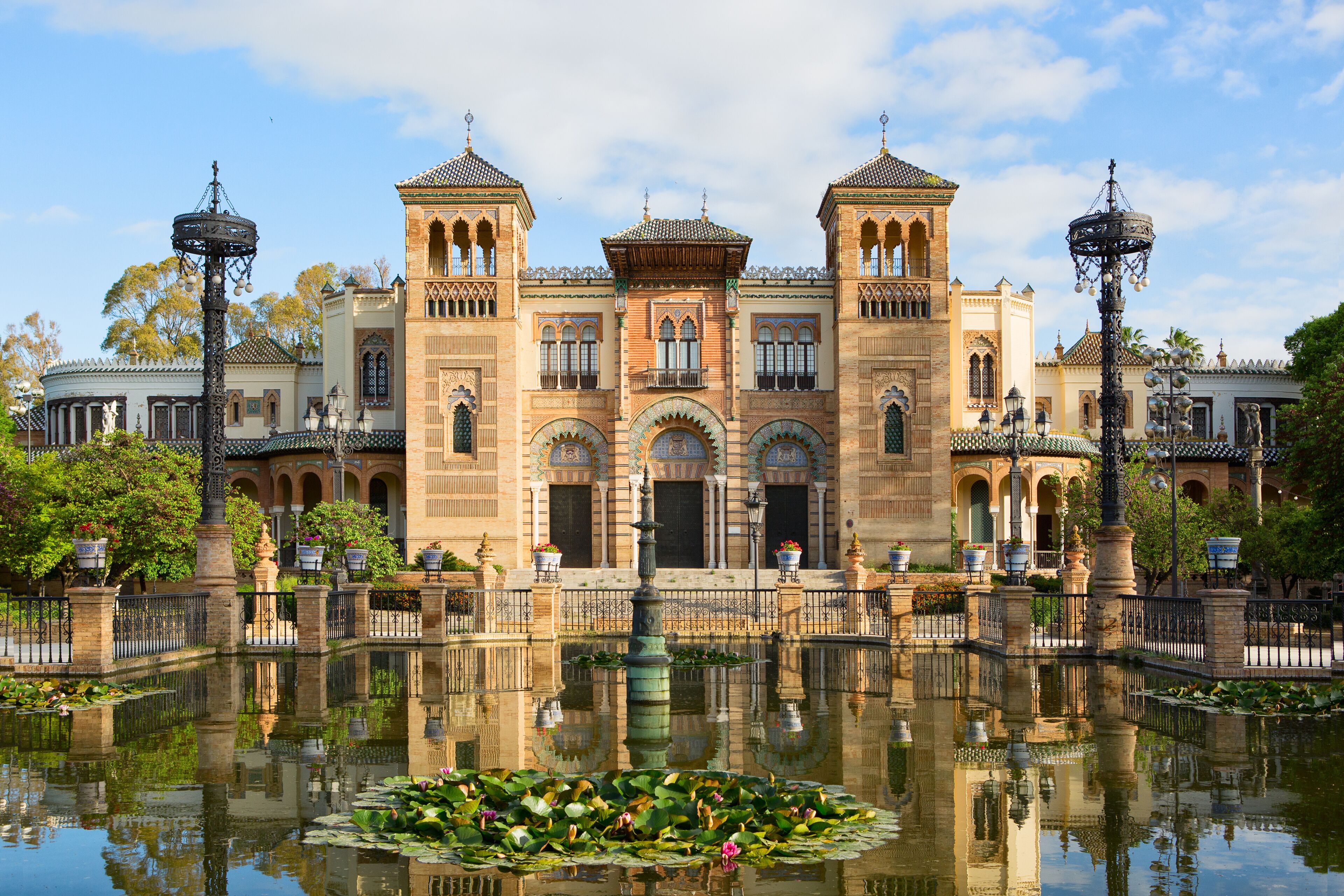 Plaza de America in  the sunny morning,  Parque de Maria Luisa,   Seville, Andalusia, Spain.