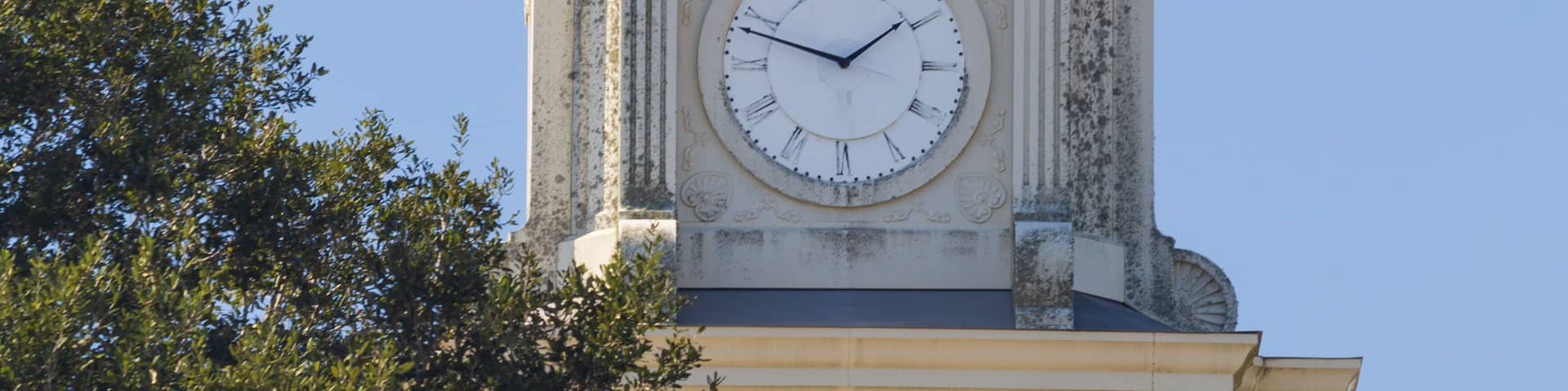 Clock tower atop the county courthouse in historic Goliad, Texas (built in 1894)
