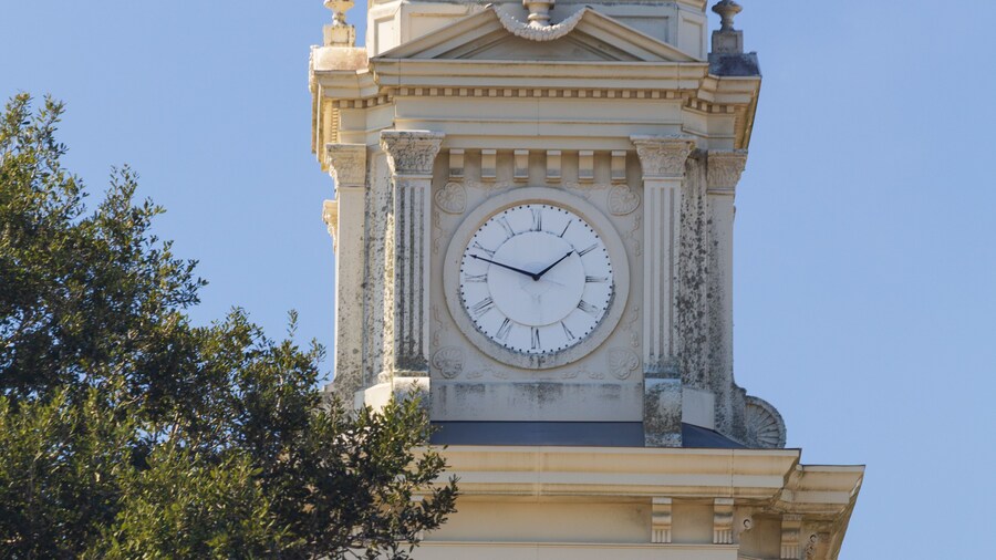 Clock tower atop the county courthouse in historic Goliad, Texas