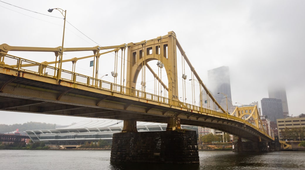 Andy Warhol Bridge featuring a river or creek, mist or fog and a bridge