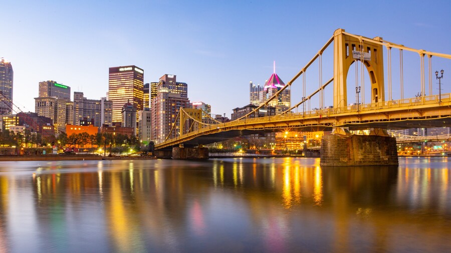 Andy Warhol Bridge featuring a river or creek, a city and a sunset