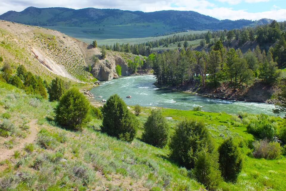 A river winding through a valley with green hills and trees in the background.
