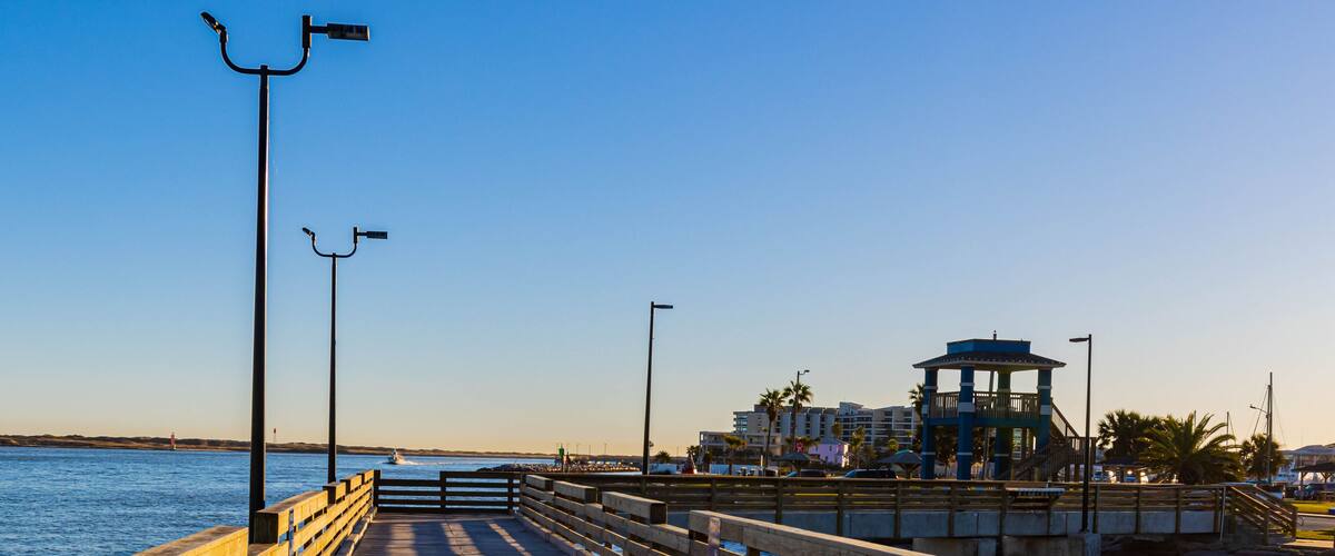 Fishing Pier on The Corpus Christi Ship Channel at Roberts Point Park, Port Aransas, Texas, USA